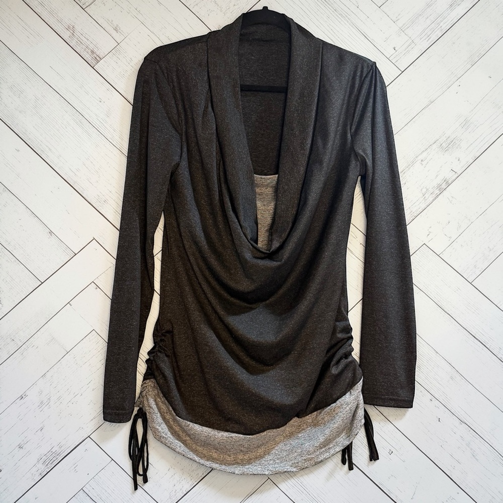 SHEIN Cowl Neck Tunic Top Ruched Drawstring Layered Hem L